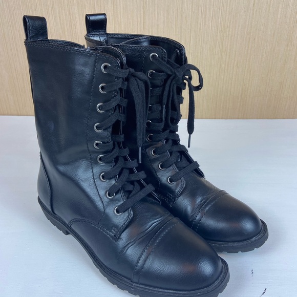 Black Combat Boots Womens 8.5 Lace Up Zip Side Lug Sole Moto - Picture 2 of 12